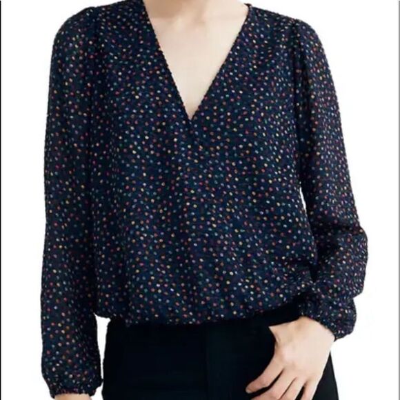 Madewell Lyric Wrap Surplice Neck Dot Long‎ Sleeve Top Blue Multi Size S EGUC - Picture 1 of 16